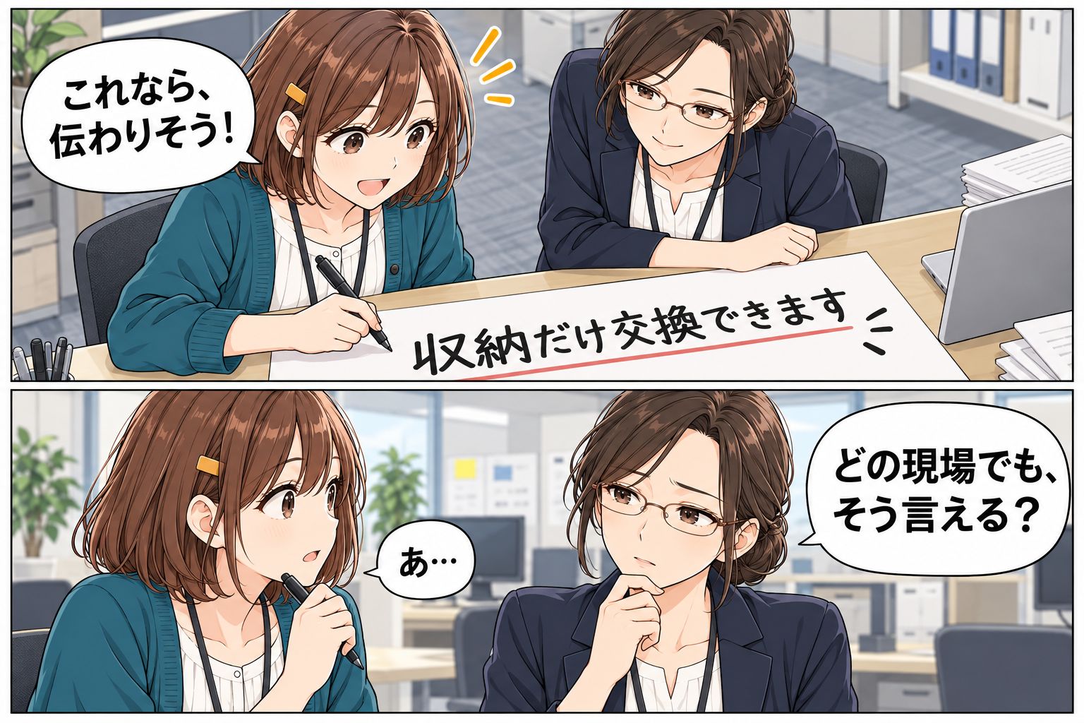 小野さんが「収納だけ交換できます」と書いた案を見せ、森川店長が「どの現場でも、そう言える?」と確認する