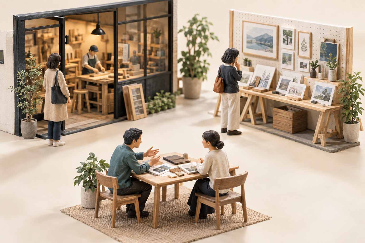 会社を知る、情報を確かめる、相談するという三つの場面を表した模型