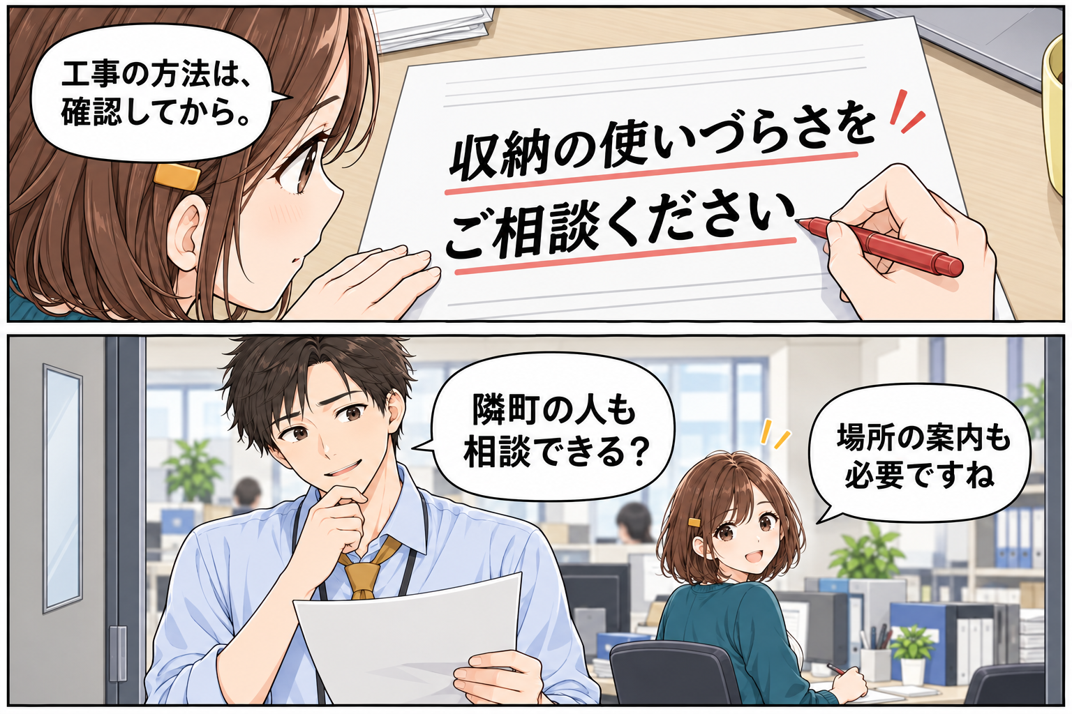 小野さんが「収納の使いづらさをご相談ください」と書き直し、高橋さんが「隣町の人も相談できる?」と読む