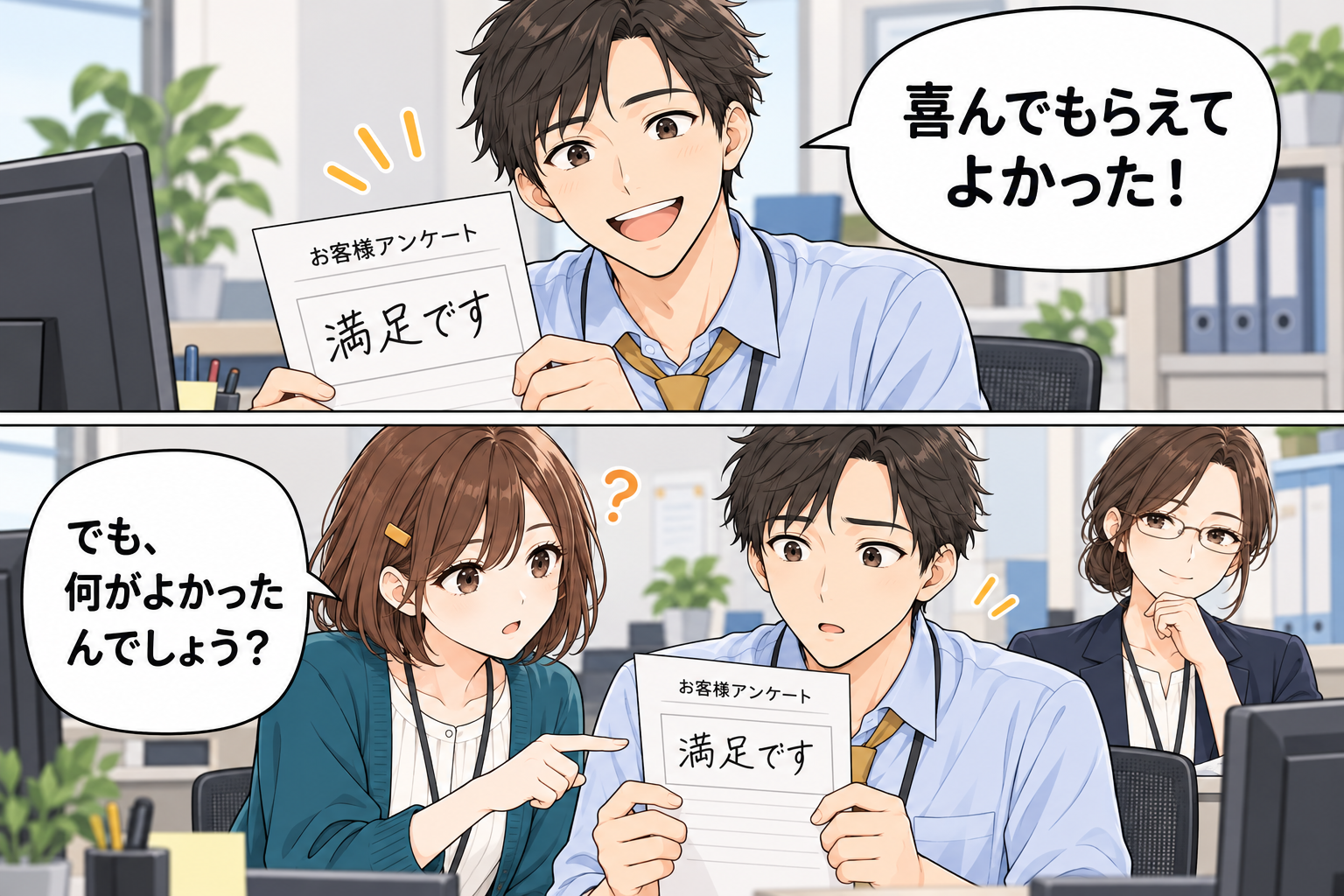 高橋さんが「満足です」という回答を喜び、小野さんが「何がよかったんでしょう」と問いかける漫画