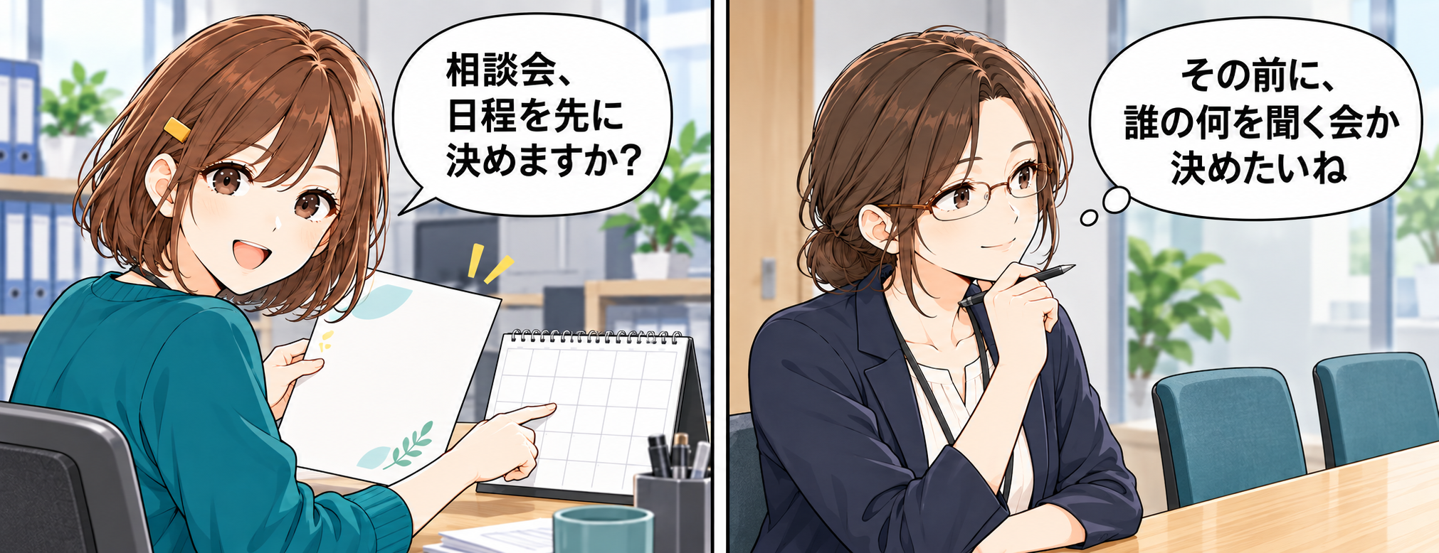 2コマ漫画。陽菜が相談会の日程を先に決めるか尋ね、真紀が誰の何を聞く会かを先に考える