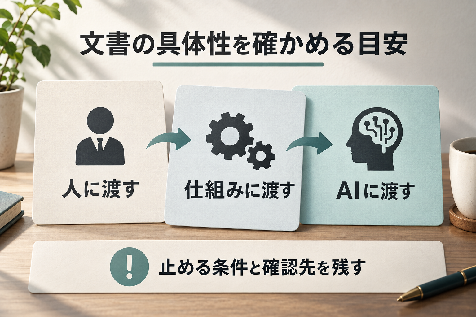 人、仕組み、AIへの受け渡しを、文書の具体性を確かめる目安として示す図。停止条件と確認先も残す