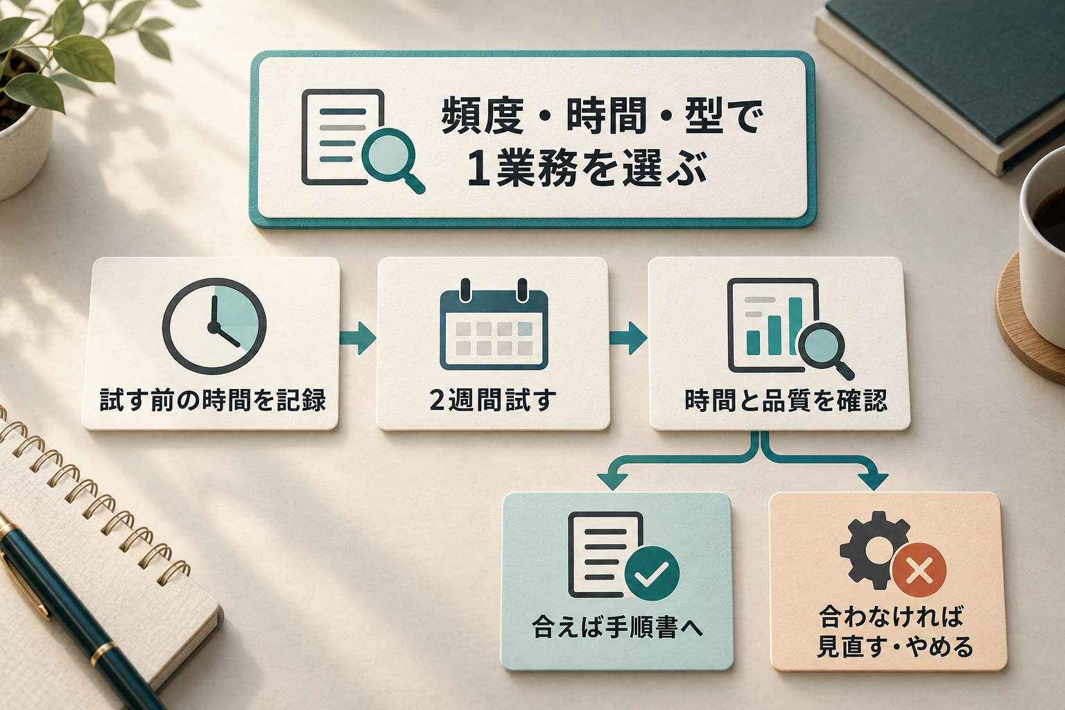 一つの業務で試す前の時間を記録し、2週間の試行後に時間と品質を見て継続を判断する図