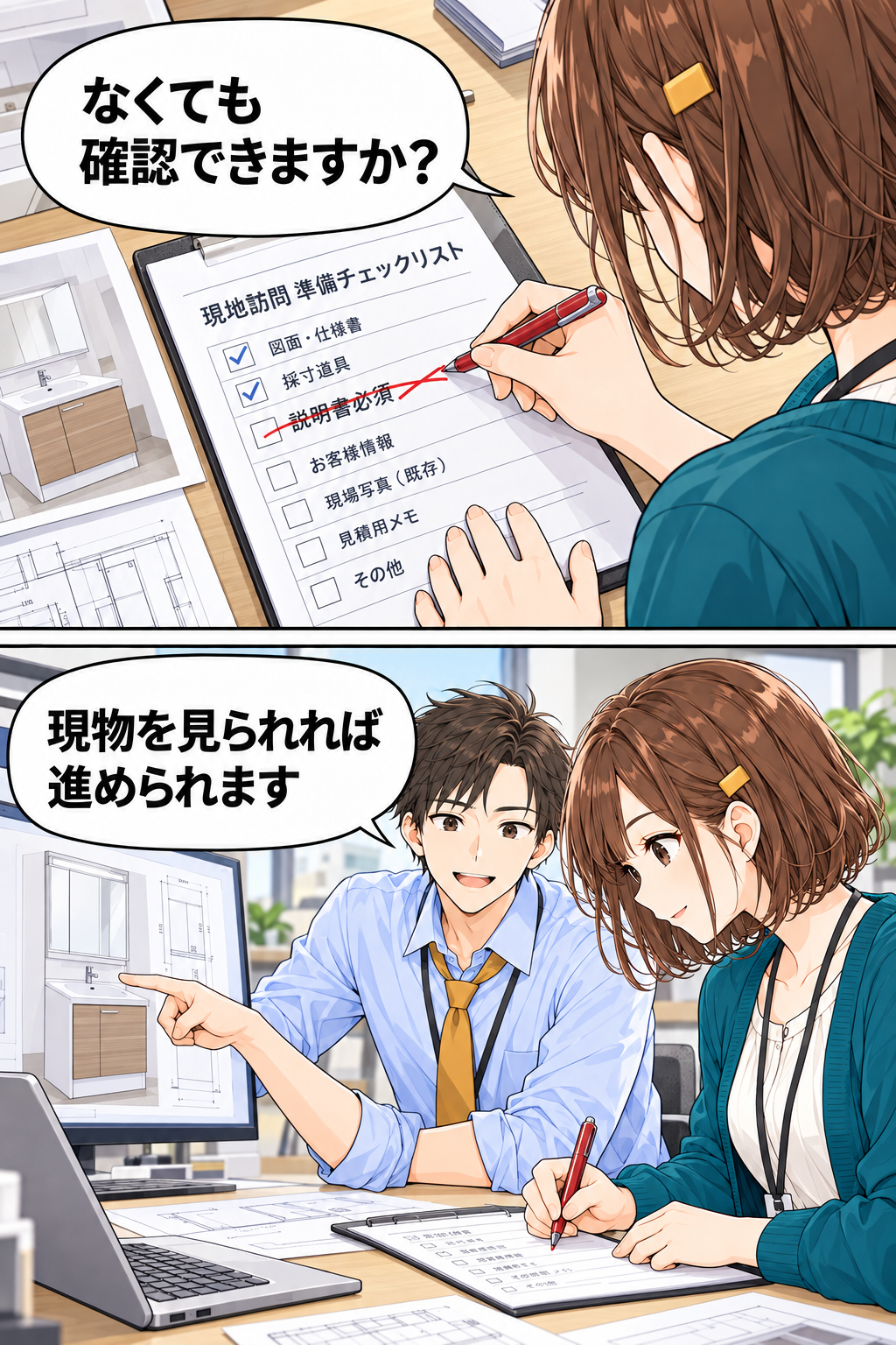 小野さんが「説明書必須」を消し、現物を見られれば確認できると確かめる漫画。