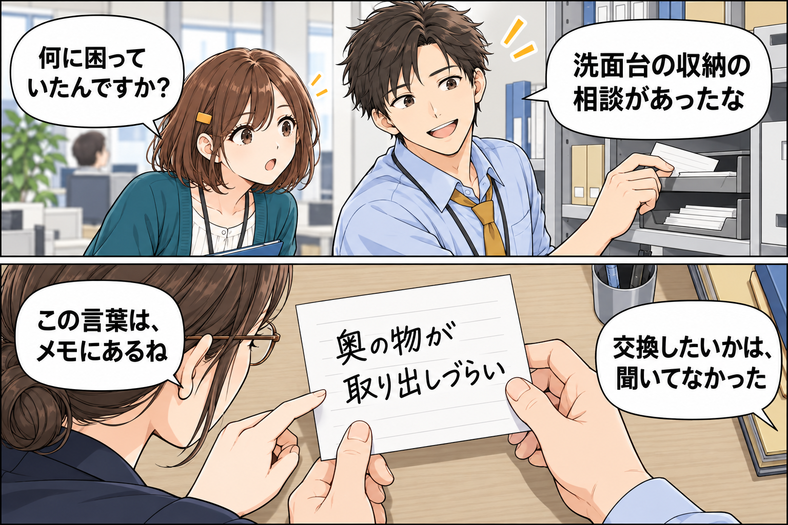 高橋さんが電話メモを開き、小野さんと森川店長が確認できた内容を整理する