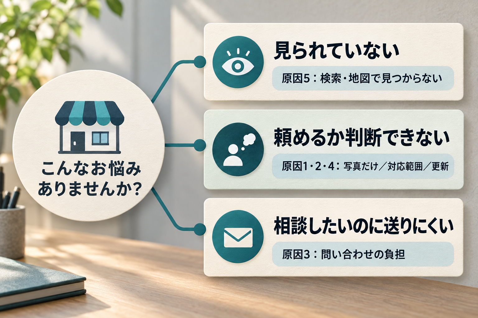 問い合わせが来ない原因を、見られていない、判断できない、送りにくいの三つに分けた図