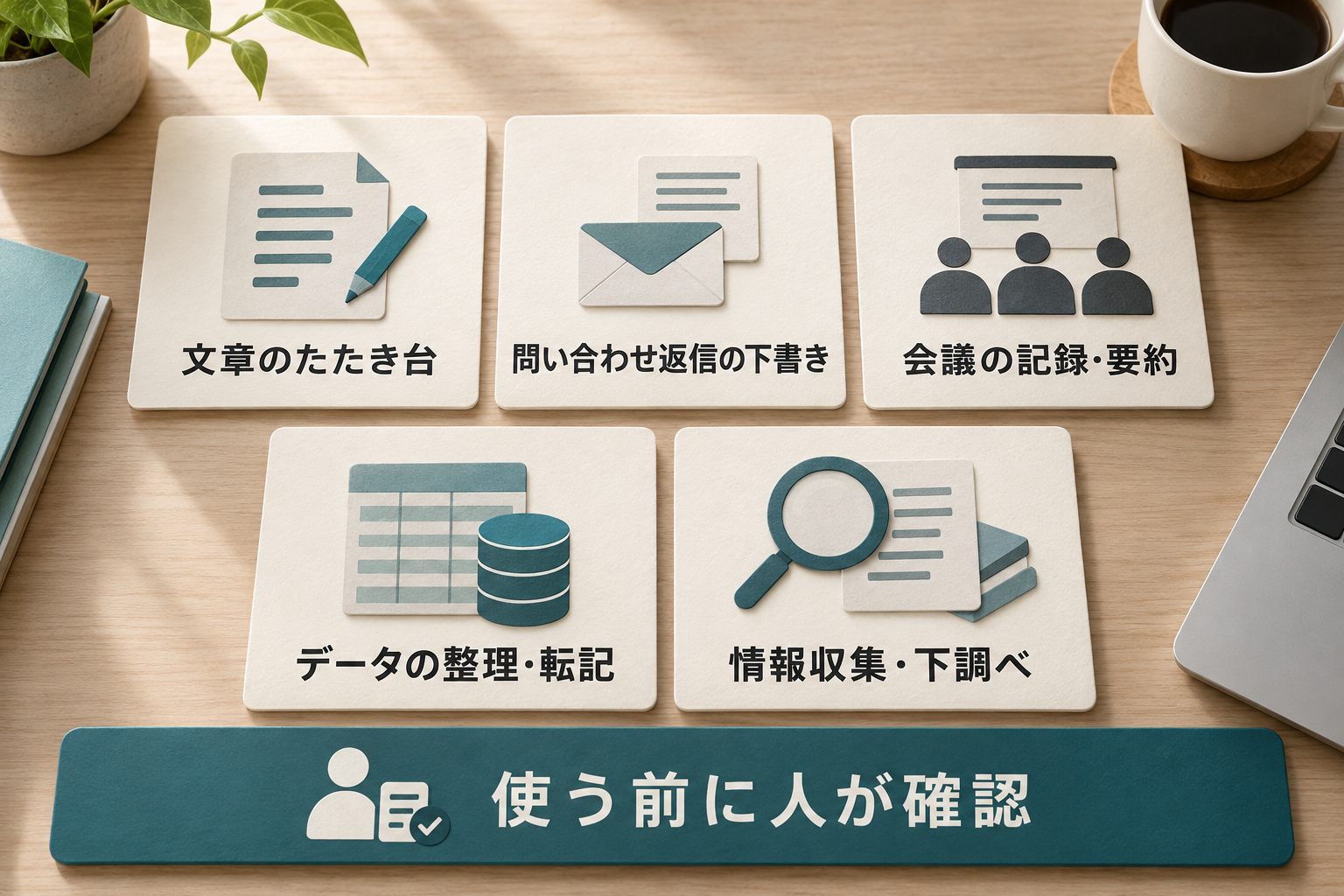 AIで試せる五つの業務と、出力を使う前に人が確認することを示す図