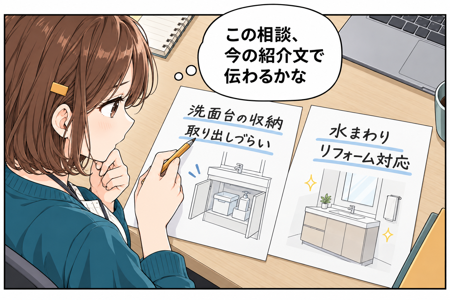 相談メモを仕上げた小野さんが、お店の紹介文と見比べようとしている