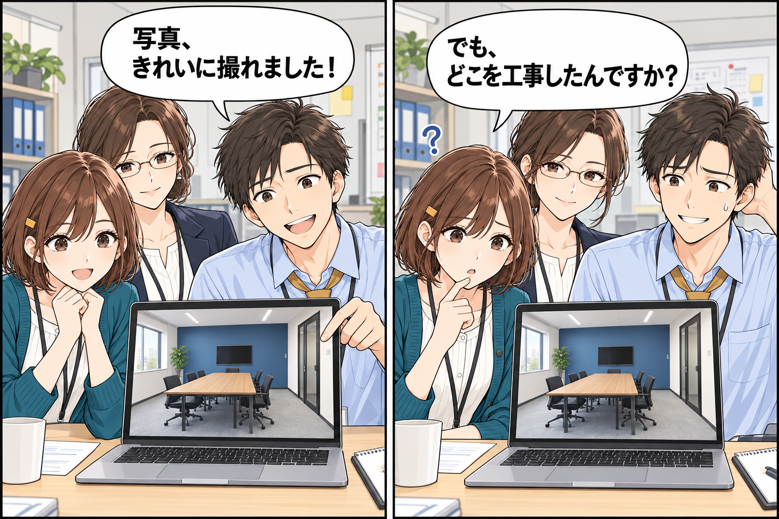高橋さんが施工写真を見せ、小野さんがどこを工事したのか尋ねる2コマ漫画