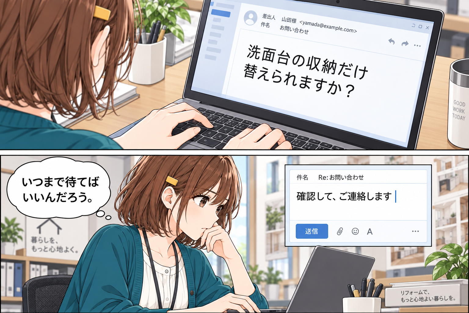 相談を読んだ陽菜が、返信の「確認してご連絡します」という一文を見て手を止める