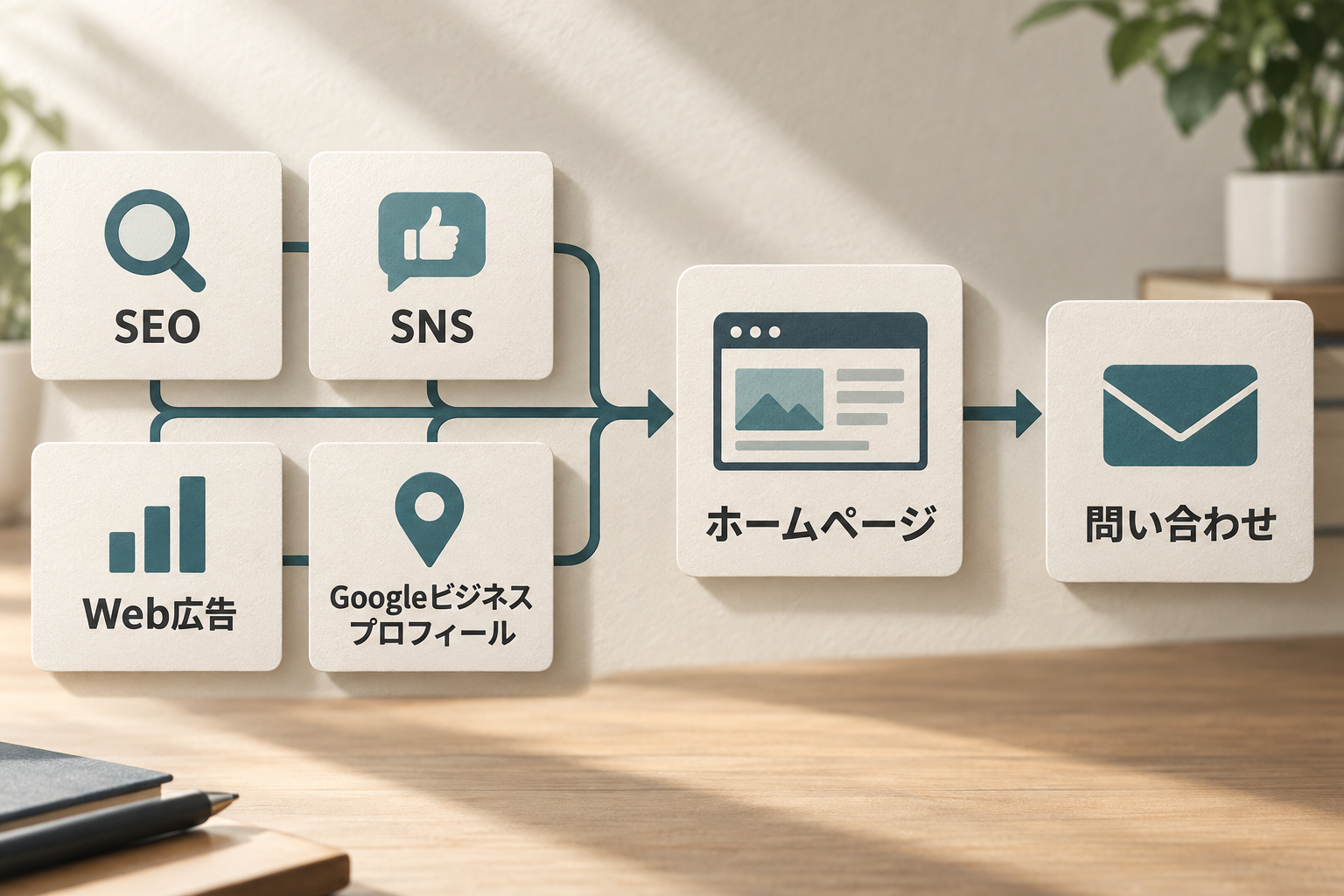 検索、SNS、広告、Googleビジネスプロフィールから、ホームページで仕事内容を確かめ問い合わせる関係を示す図