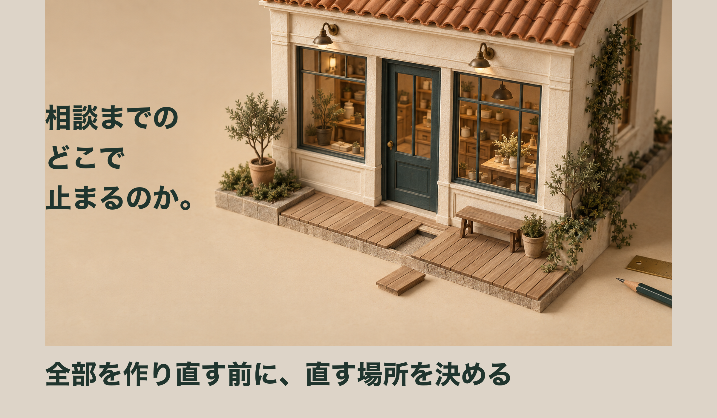 建物全体を壊さず、入口に続く通路の一部分を修理する模型。部分修正を検討する考え方のイメージ。