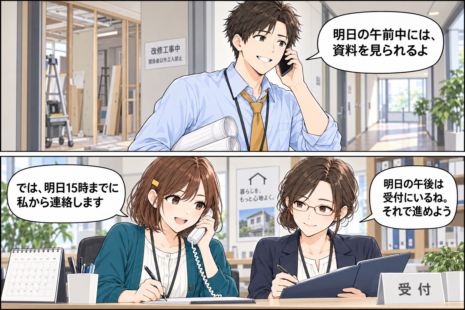 現場を離れて電話をする高橋と、翌日の予定を確認して連絡時刻を決める陽菜と店長