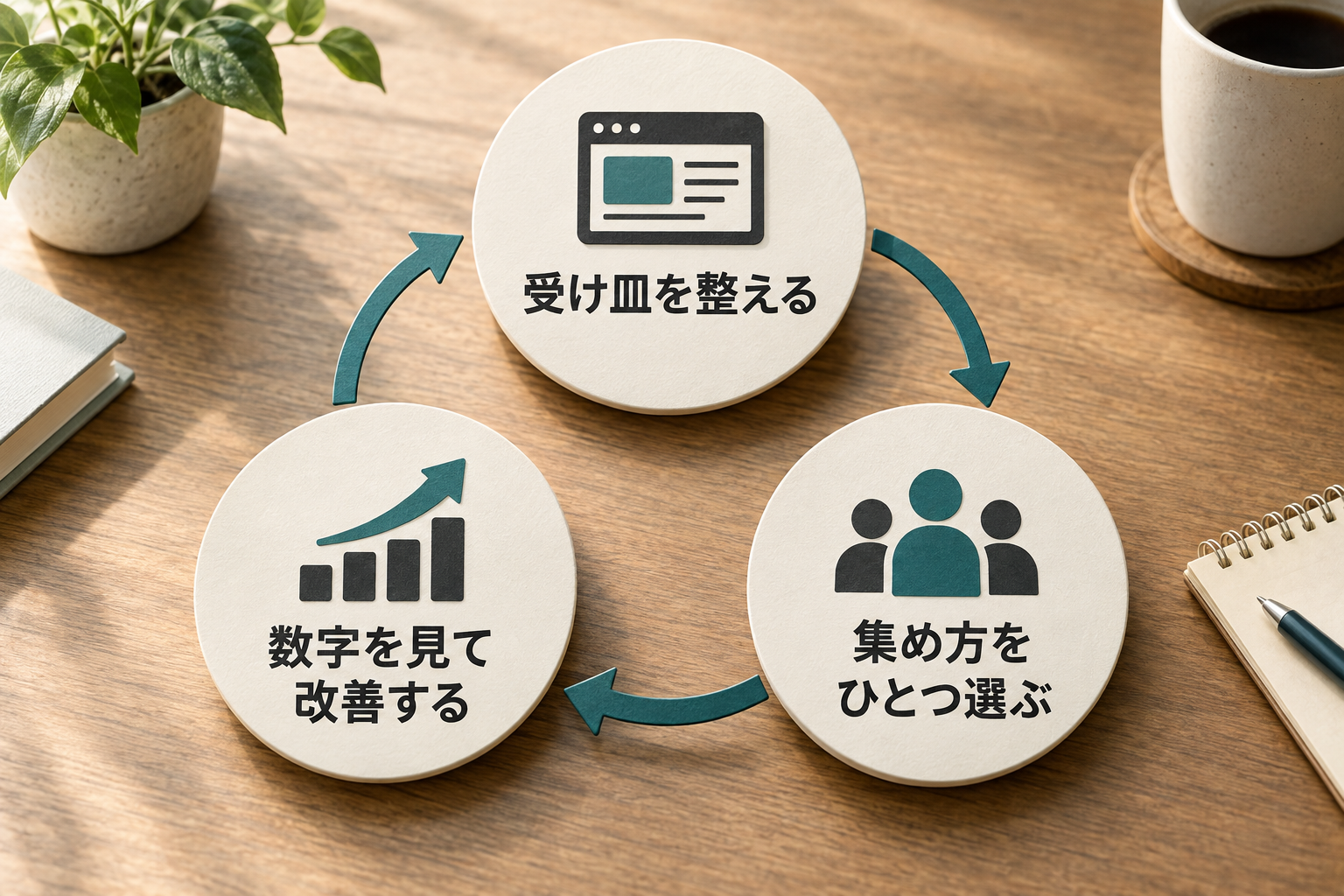 受け皿の整備、集め方の選択、数字を見た改善を繰り返す図