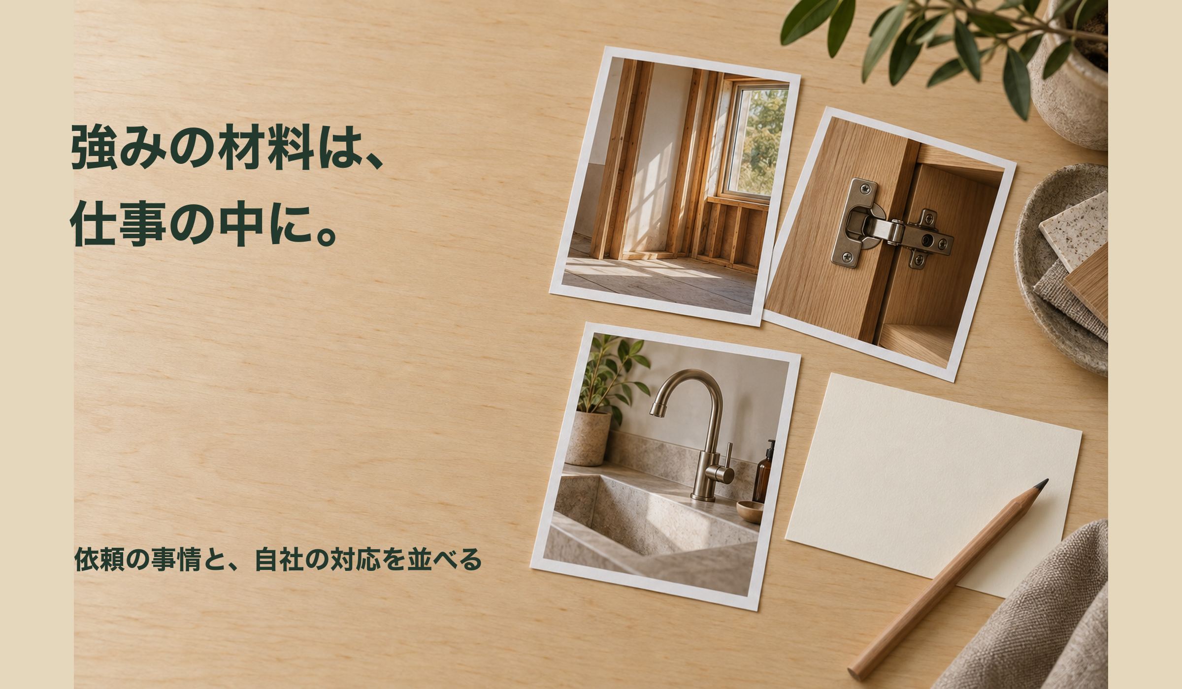 過去の仕事の写真とメモから、相談の場面を拾うイメージ