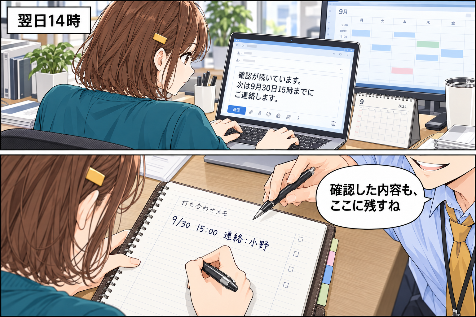 途中の状況を返信した陽菜と、次の連絡予定と確認内容を共有メモに残す高橋
