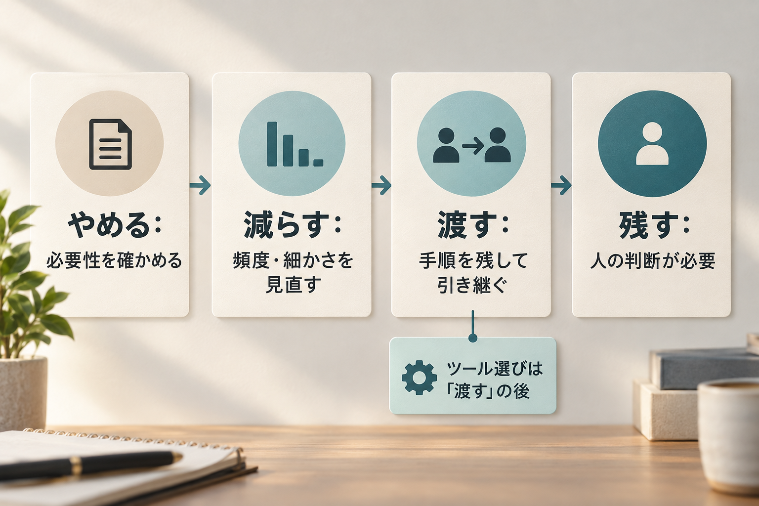 仕事をやめる、減らす、渡す、残すの順に検討し、渡す仕事のためにツールを選ぶ図