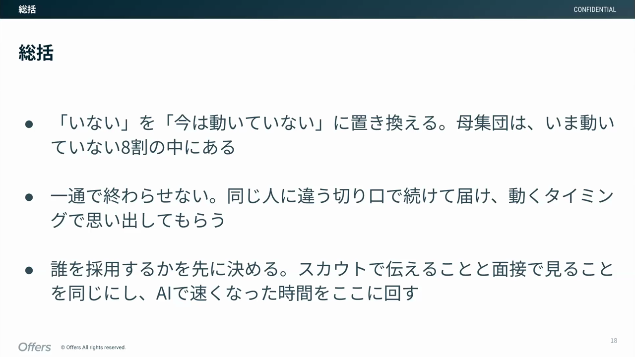 「いない」を「今は動いていない」に置き換える、1通で終わらせない、誰を採用するかを先に決める、の3点をまとめた第1部の総括スライド