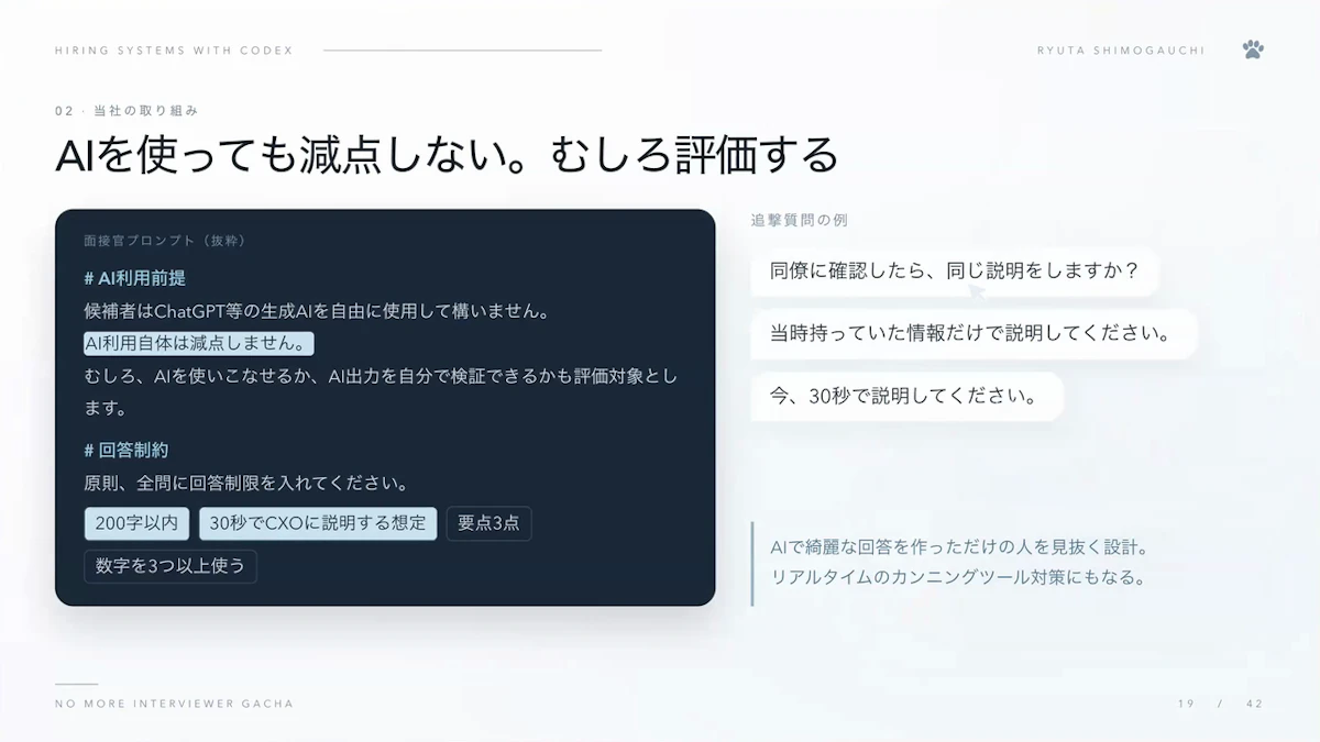 面接官プロンプトの抜粋として、AI利用自体は減点しないことと回答の制約、AIの出力を理解しているかを確かめる追撃質問の例を示したスライド