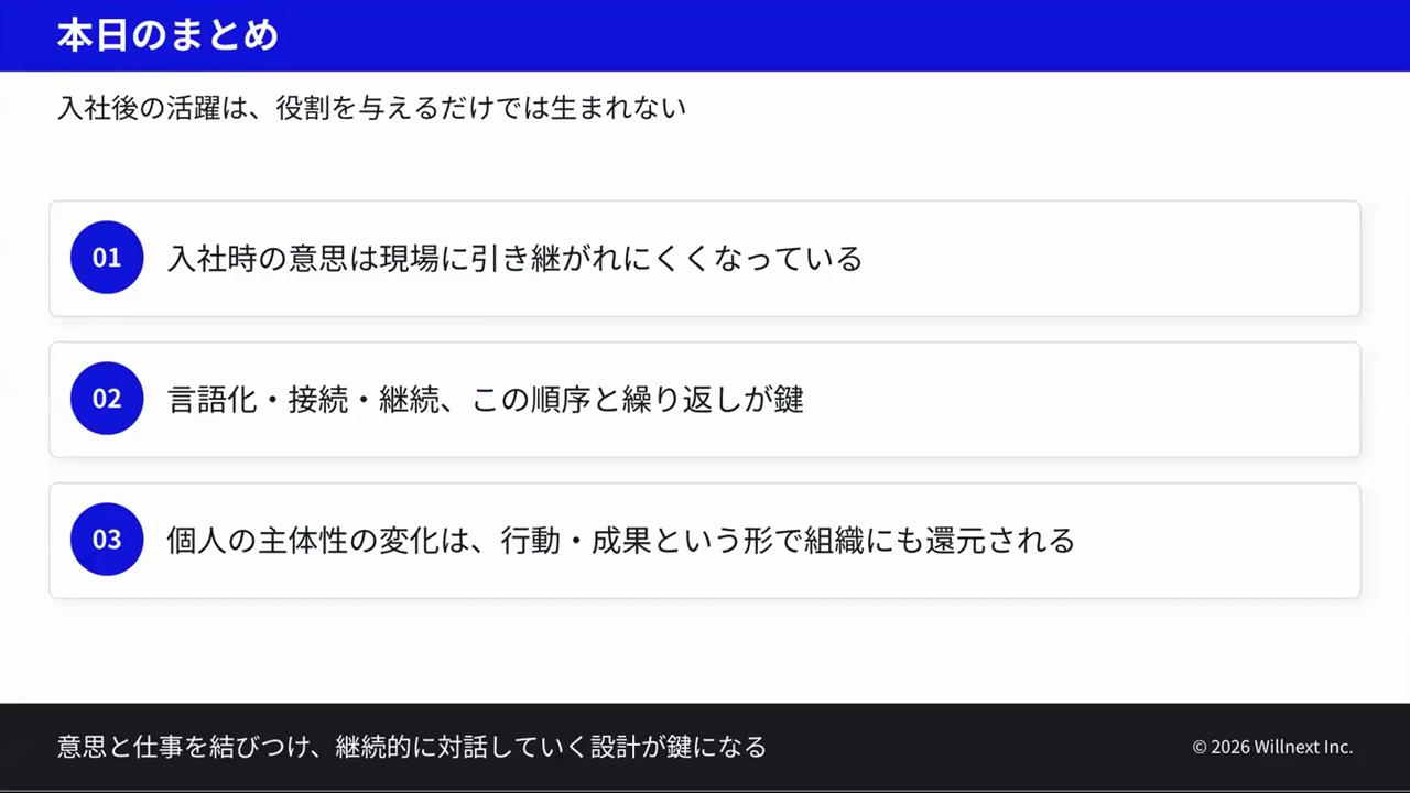 入社時の意思は現場に引き継がれにくい、言語化・接続・継続の順序と繰り返しが鍵、主体性の変化は行動・成果として組織に還元される、の3点をまとめたスライド