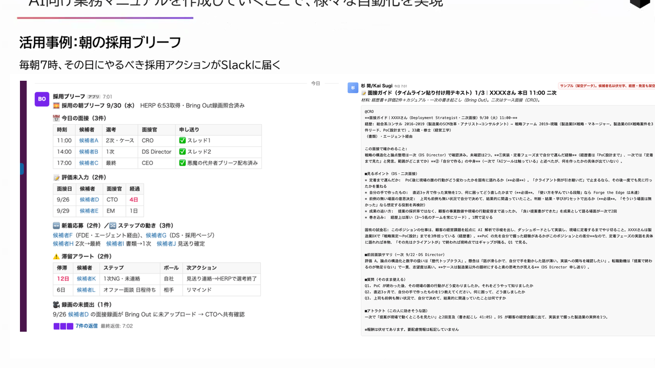 毎朝7時に、その日の面接・評価未入力・新着応募・滞留アラートをSlackに届ける「朝の採用ブリーフ」のダミー画面を示したスライド