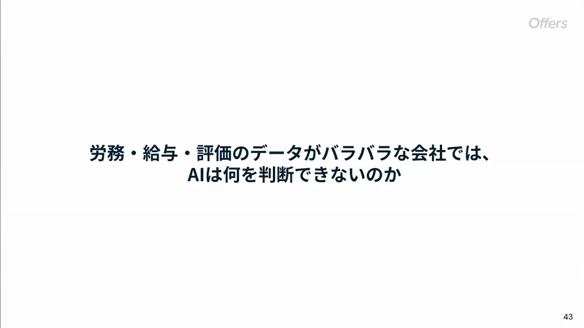 「労務・給与・評価のデータがバラバラな会社では、AIは何を判断できないのか」というディスカッションのテーマを示したスライド