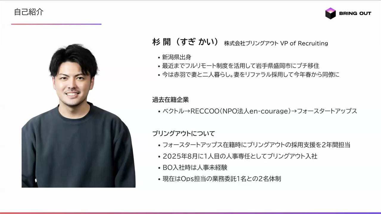 株式会社ブリングアウト VP of Recruiting 杉開氏の自己紹介スライド。ベクトル、RECCOO、フォースタートアップスを経て2025年8月に1人目の人事専任として入社し、業務委託1名との2名体制で採用を担っていることを示す