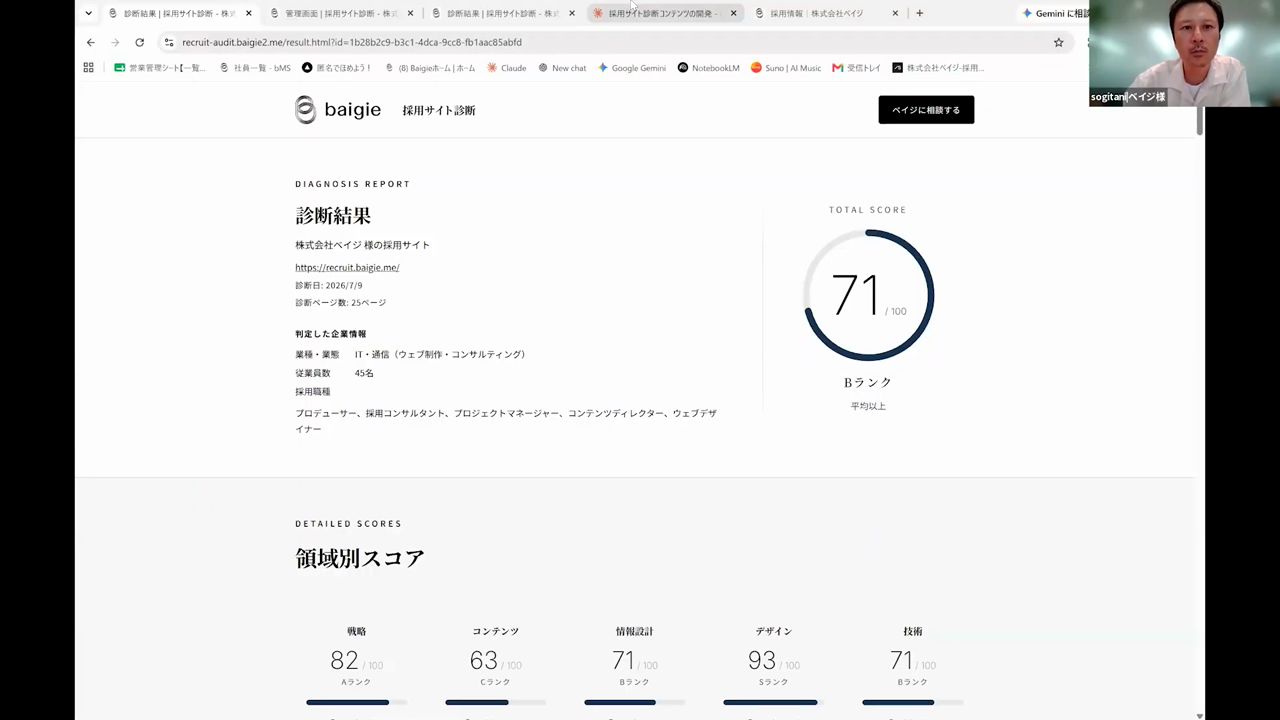 総合スコアと領域別スコアが表示された採用サイト診断ツールの診断結果画面
