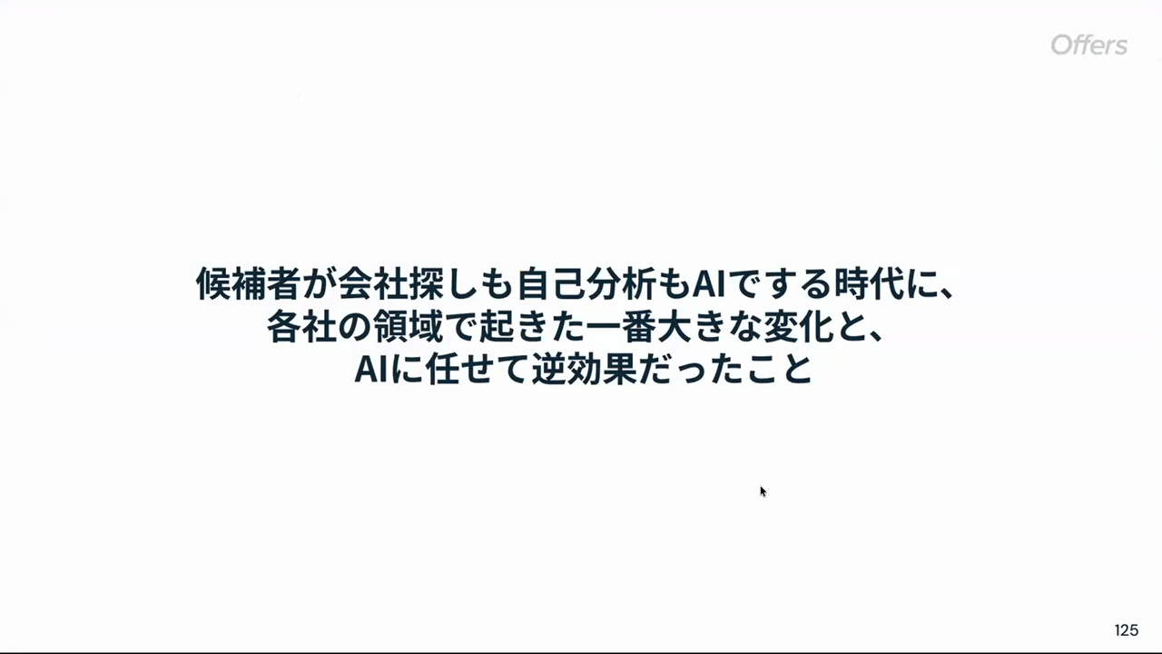 ディスカッションのテーマ「候補者が会社探しも自己分析もAIでする時代に、各社の領域で起きた一番大きな変化と、AIに任せて逆効果だったこと」のスライド
