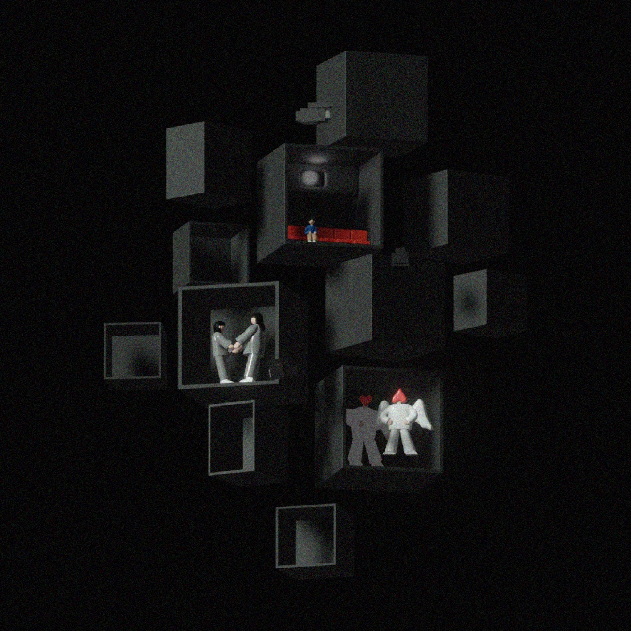黒い背景に、3Dオブジェクト風のイラスト。いくつもの部屋が合体したようなオブジェクト。部屋にはひとや、変なキャラクターがいる。