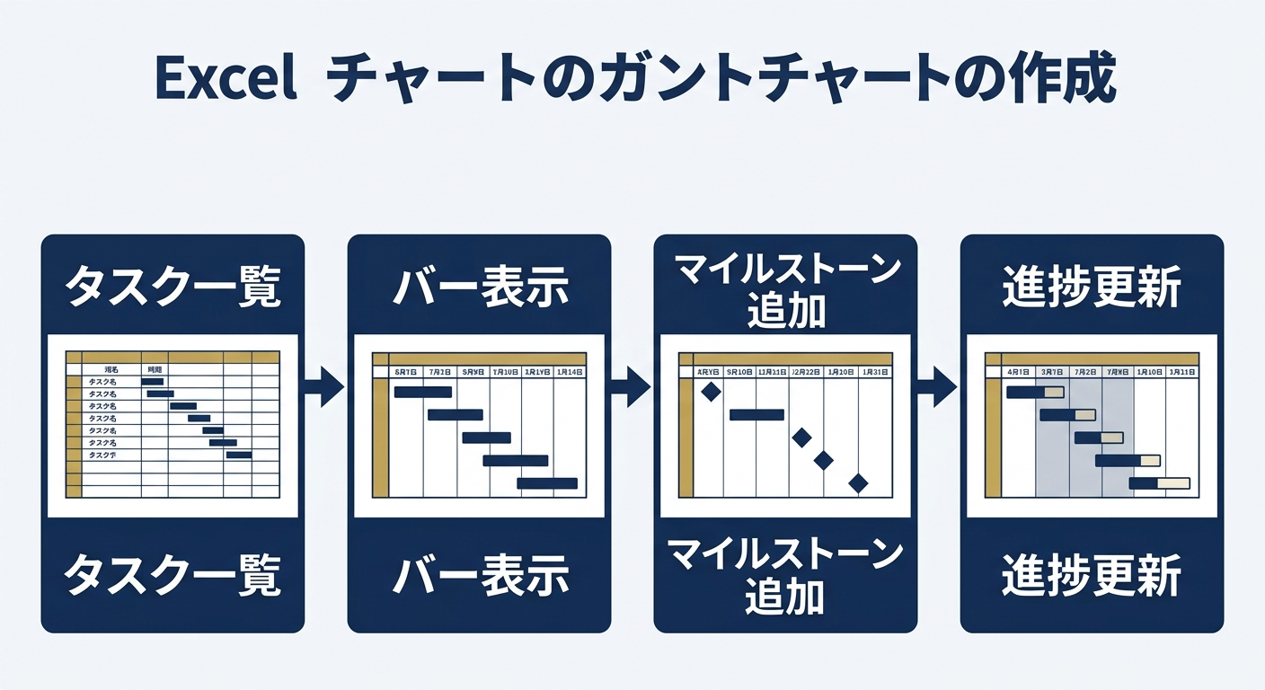 Excelでガントチャートを作る4ステップのフロー図