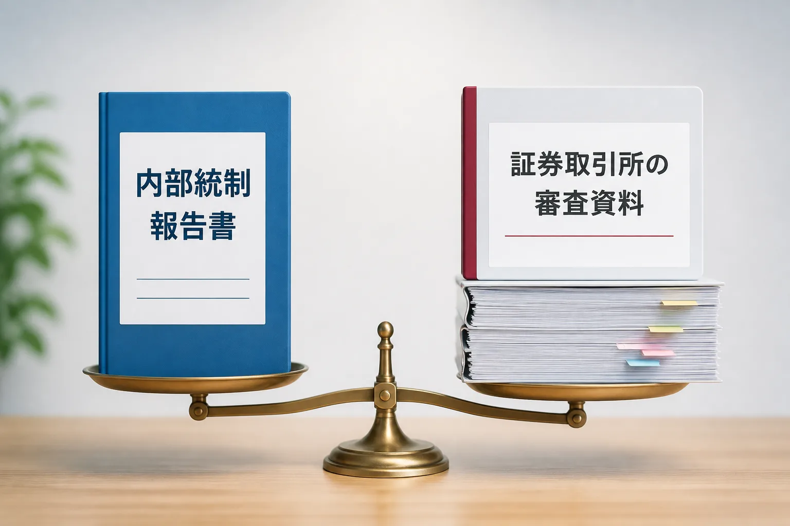 内部統制報告書と上場審査資料の書類ファイルが並ぶ情景