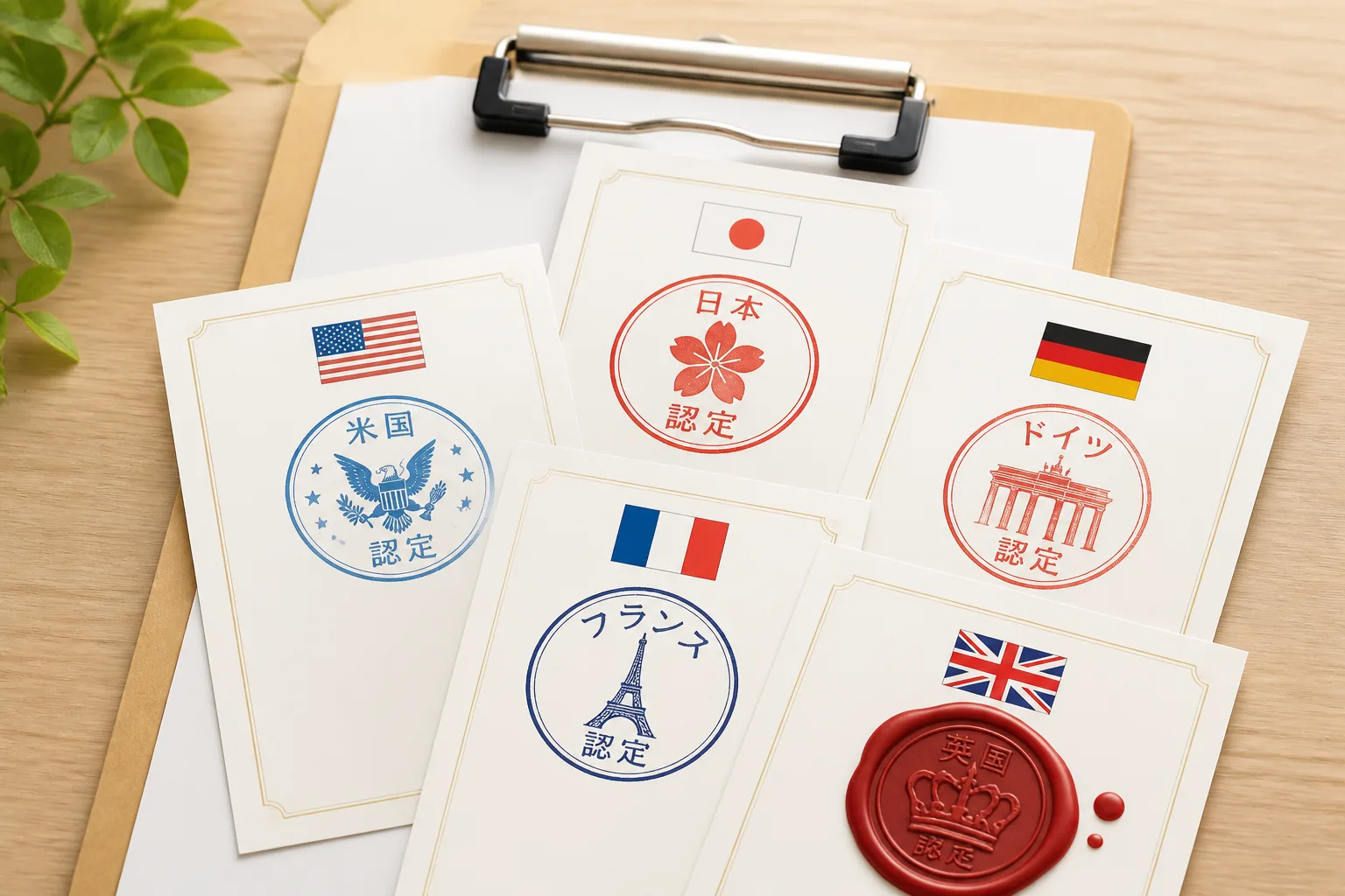 複数の国旗をあしらった認定スタンプが押された書類が重なるクリップボードのイメージ。対応実績のある国・カテゴリを実績として提示する様子を象徴する
