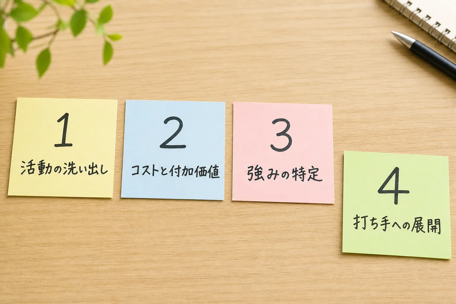 バリューチェーン分析の進め方4ステップを表す4枚の付箋。活動の洗い出し・コストと付加価値の整理・強みの特定・打ち手への展開の順に並び、最後の付箋だけ手前にずれている
