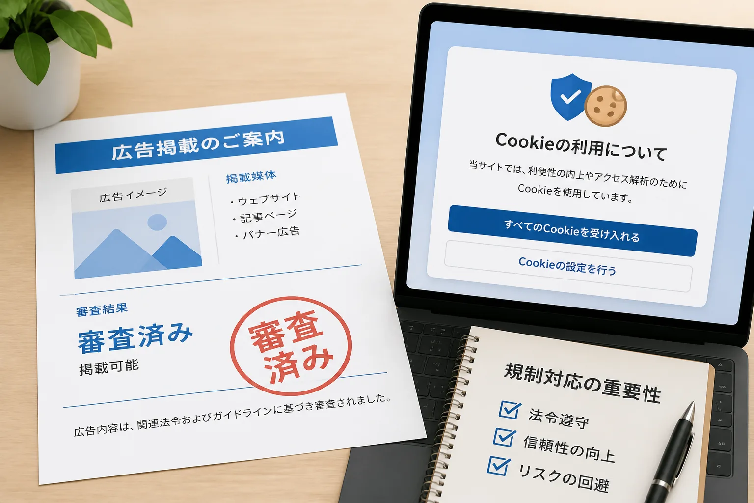 審査印の押された広告表示の書類とCookie同意バナーのアイコンが並ぶ情景。広告業界の規制強化を表す図解。
