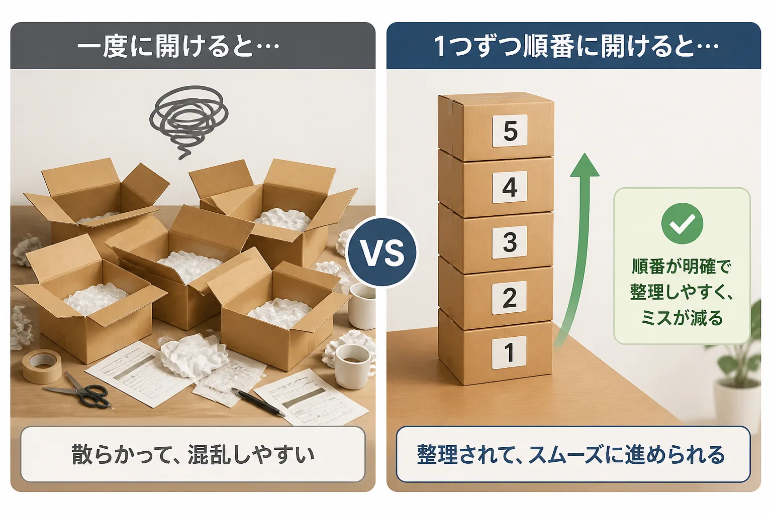 全プロセスを同時に整備しようとする進め方と、番号を付けて段階的に着手する進め方を左右に比較した図