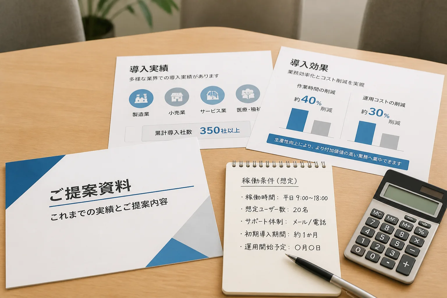 実績をまとめた提案資料と電卓、稼働条件のメモが商談テーブルに並ぶ商談準備の情景