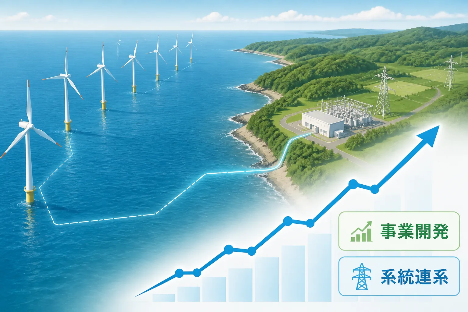 洋上風力発電と送電網を俯瞰し、需要拡大を示す図解