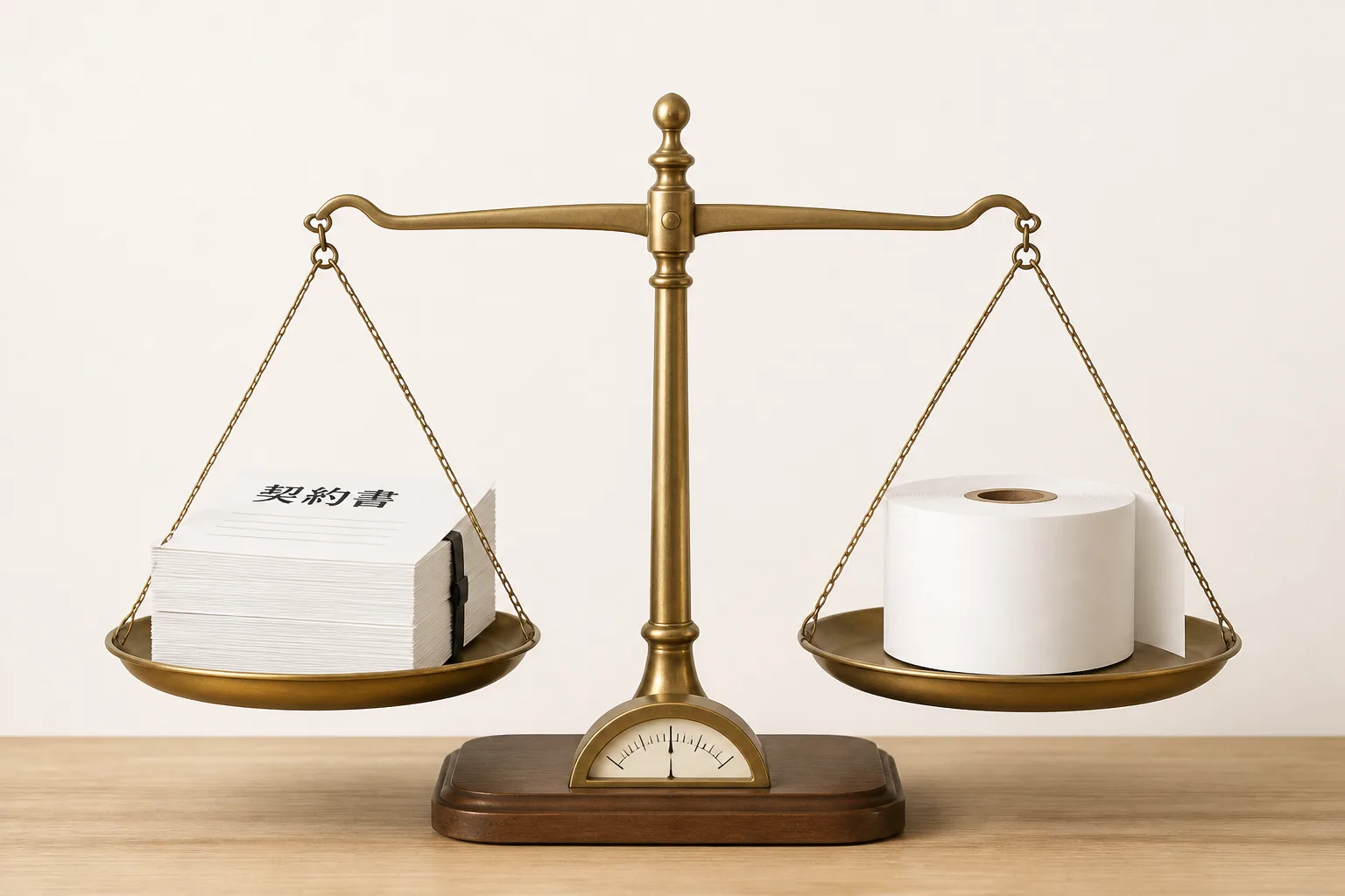 契約書と印刷用紙を天秤で比較するイメージ。エージェント各社の条件比較を象徴する図