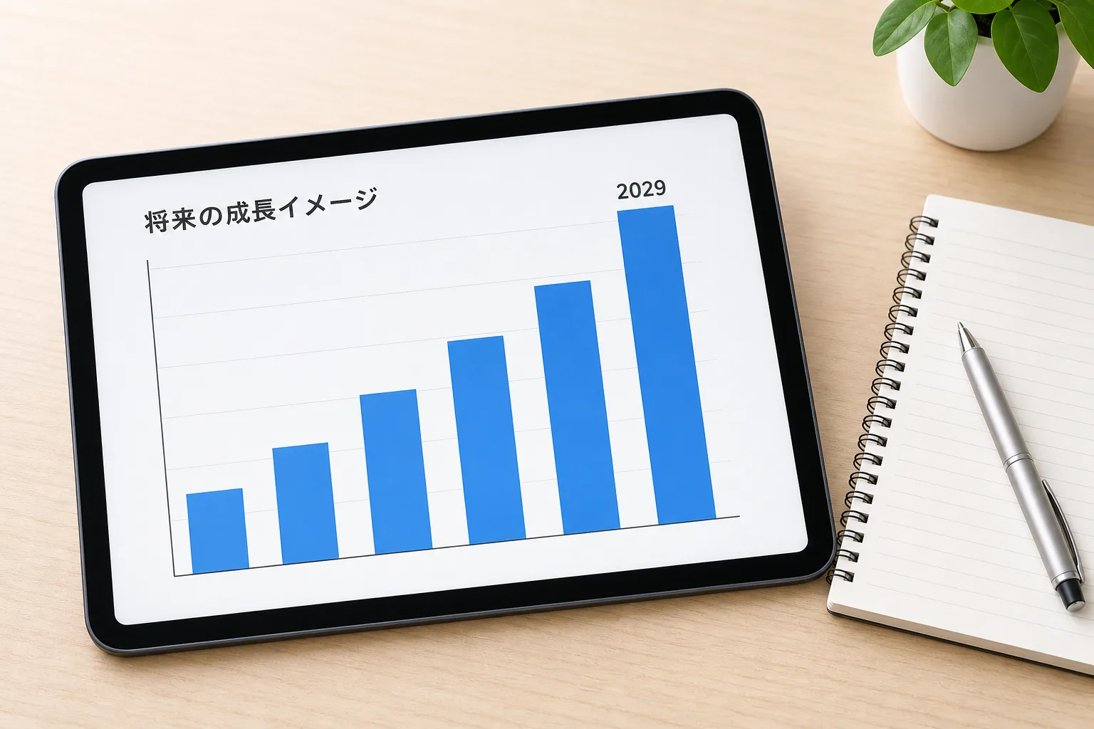 右肩上がりの棒グラフが表示されたタブレット画面。SaaS/PaaS市場が2029年度にかけて拡大していく傾向を表す図