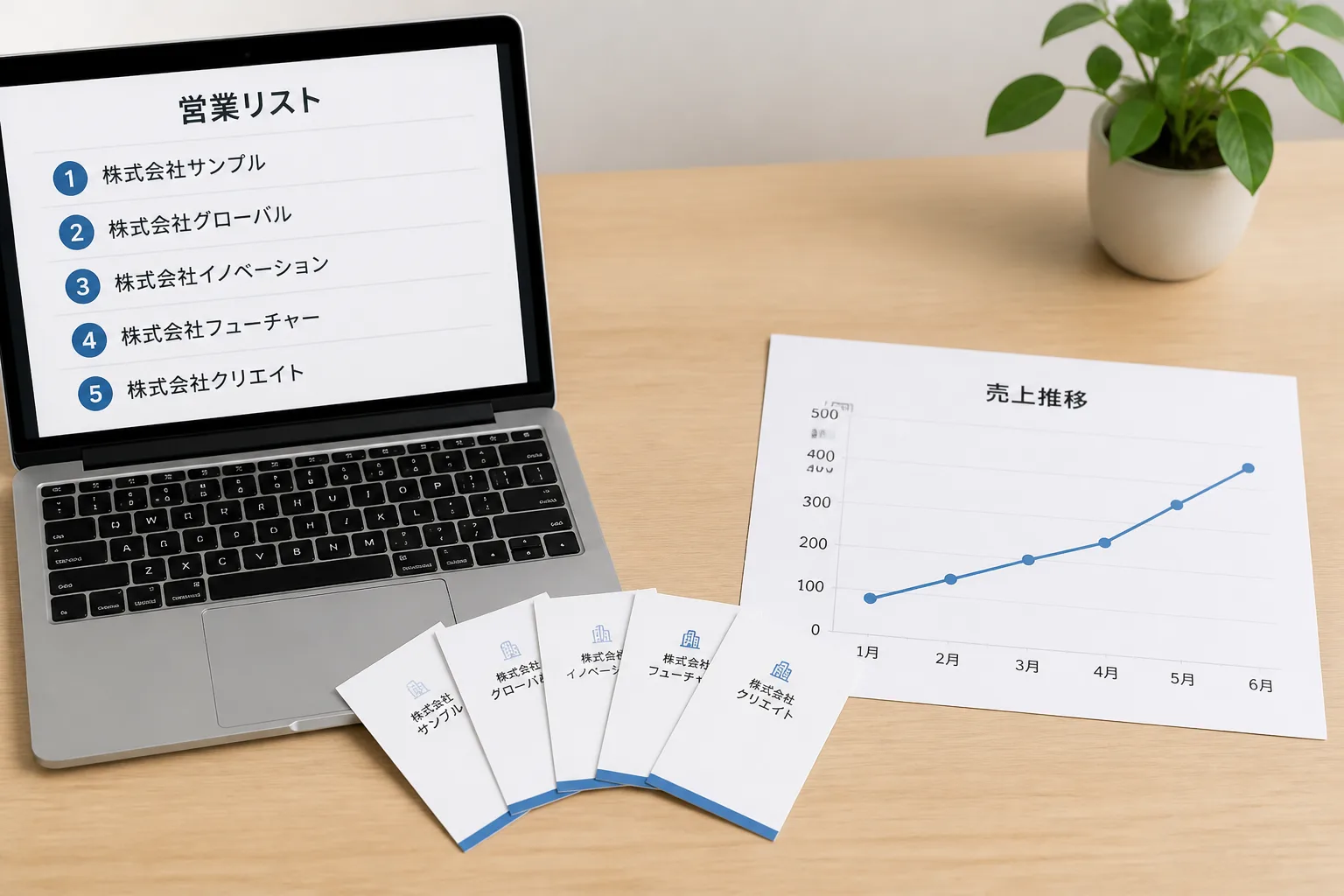 ノートパソコンの案件一覧画面、扇状に広げた名刺、折れ線グラフの印刷用紙を並べた机。エージェント登録・人脈・実績アピールという3つの案件獲得チャネルを表す。