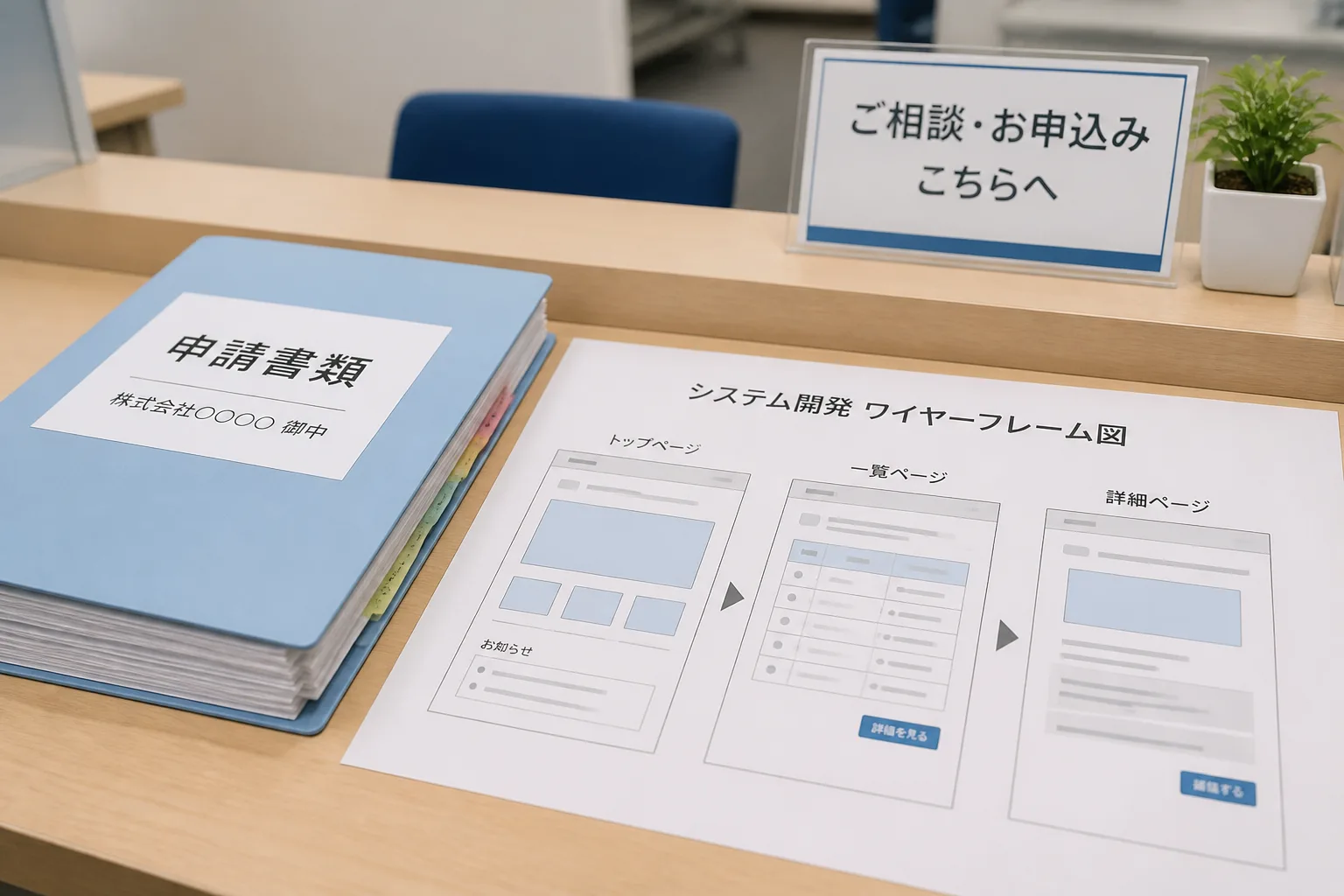 代理店窓口の申請書類ファイルと、システム開発のワイヤーフレーム図が並ぶ情景。体制整備とシステム開発が同時進行する背景を表す図解。