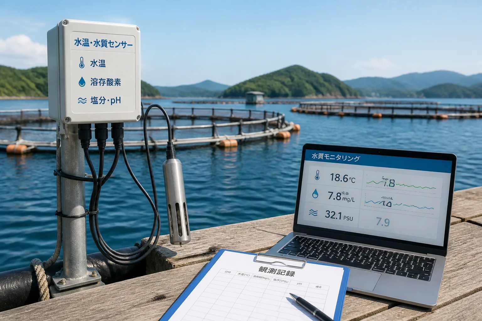 養殖いけすに設置された水温・水質センサー機器とノートパソコン