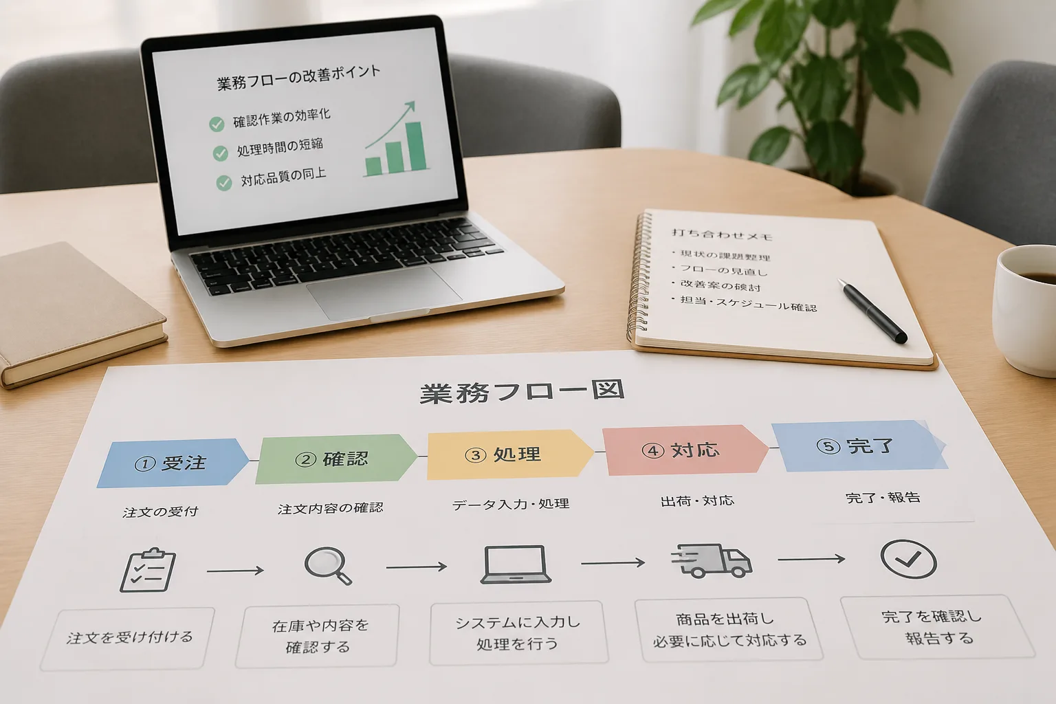 外部の専門家との打ち合わせをイメージした、業務フロー図の資料とノートパソコンが並ぶ会議テーブルの情景