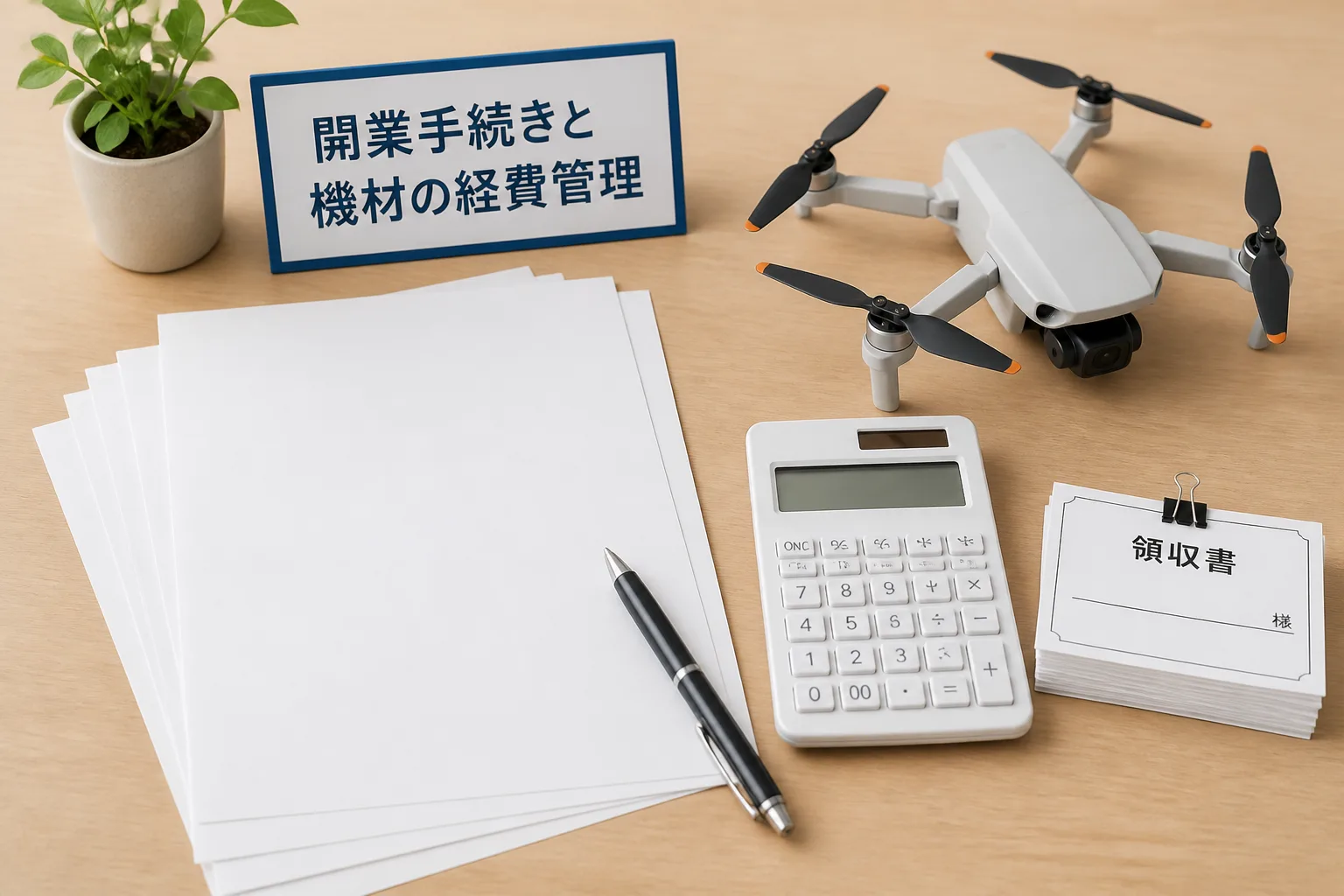 開業届の用紙、電卓、領収書の束、小型ドローンの模型が並ぶ机上。開業手続きと機材経費の管理を表す構図。