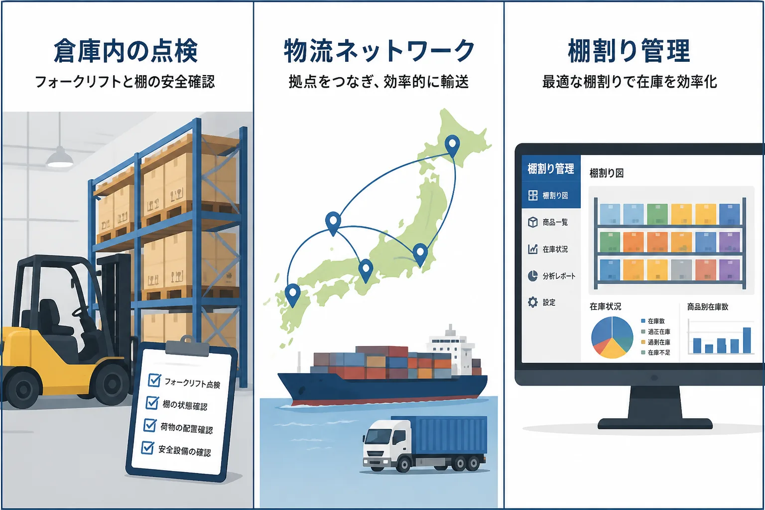 物流拠点の運用改善支援・サプライチェーン全体の戦略設計支援・倉庫管理システム導入支援の3つの案件タイプを対比する図解