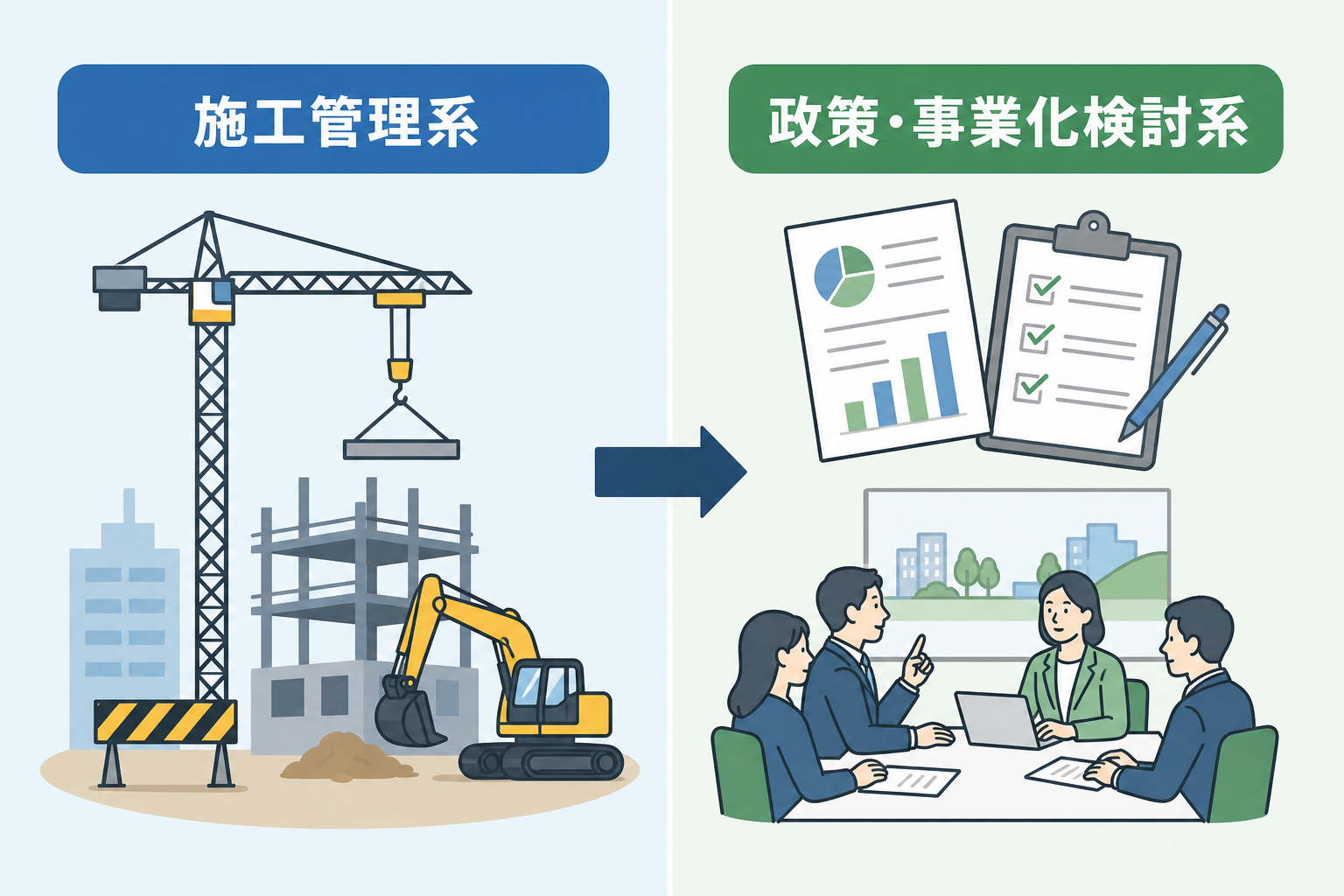 施工管理系とインフラ政策・事業化検討系の違いを示す比較図
