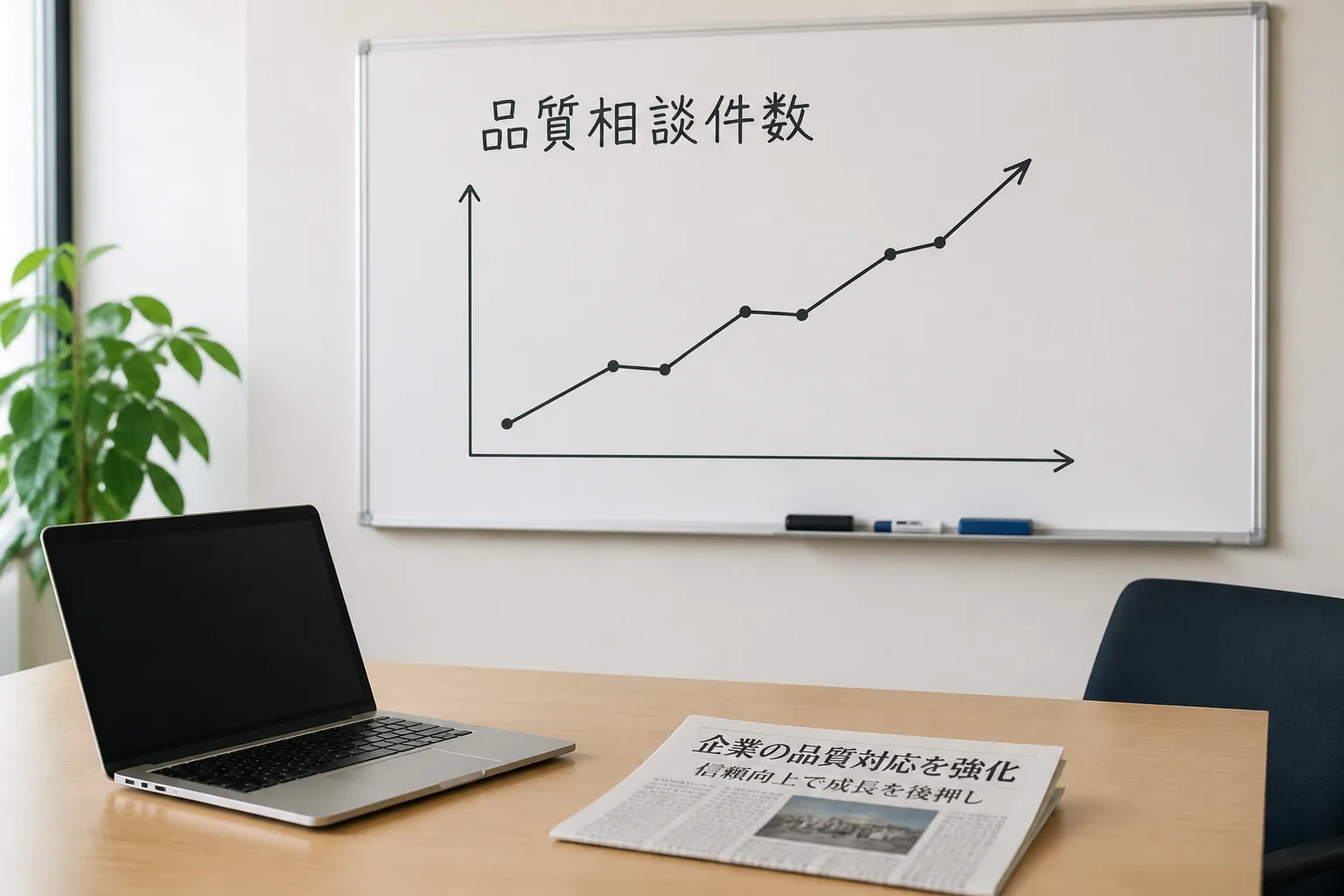 ホワイトボードの品質相談件数グラフと、新聞記事が置かれた会議テーブル。品質保証人材への需要が底堅い背景を示すイメージ