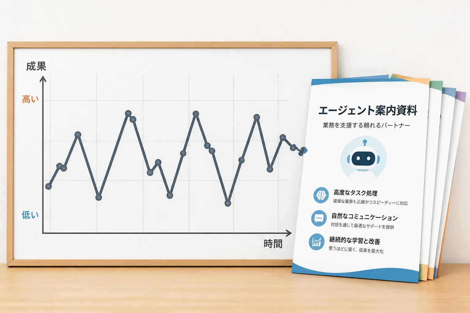 上下に変動する折れ線と複数のエージェント資料を配置した、市場変動リスクへの備えを表す図解