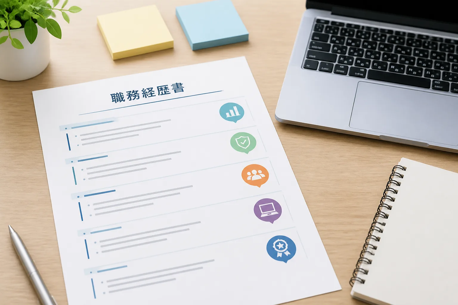 職務経歴書の各案件に資格バッジが対応づけられている情景。提案書での見せ方を表す図解